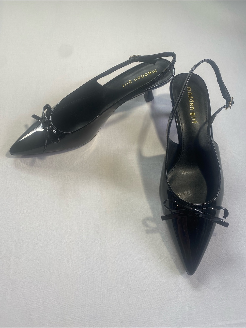Madden Girl Black Patent Pointed Toe Slingback Heels with Bow